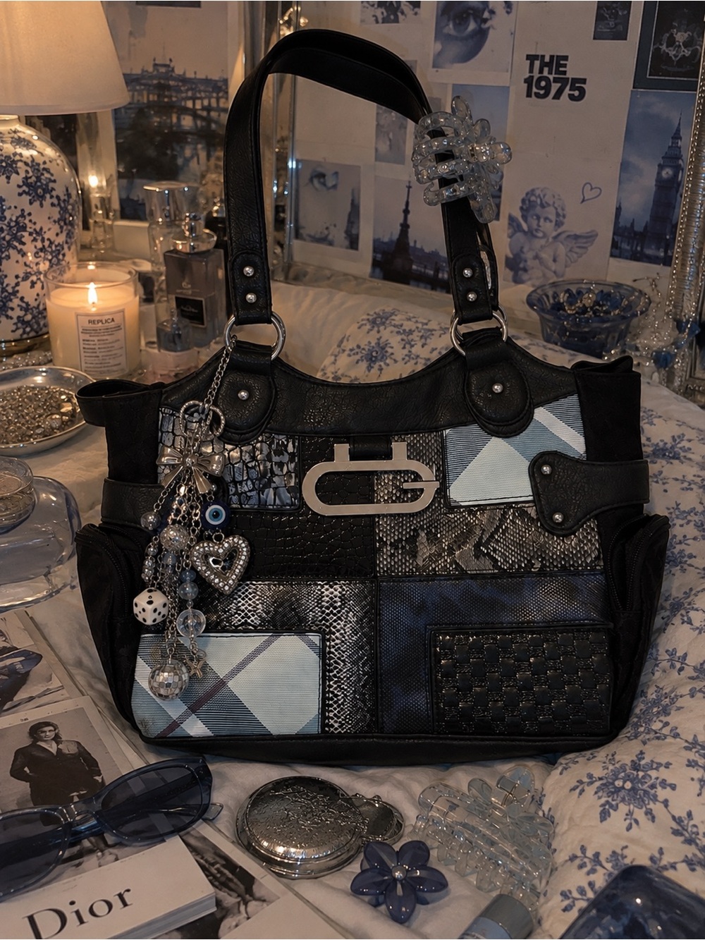 Vintage GUESS Y2K Black Patchwork Shoulder Bag | Snakeskin | Silver Hardware